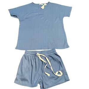 Ekouaer Two Piece Short Sleeve Waffle Knit Loungewear Set, Blue, Small, NWT